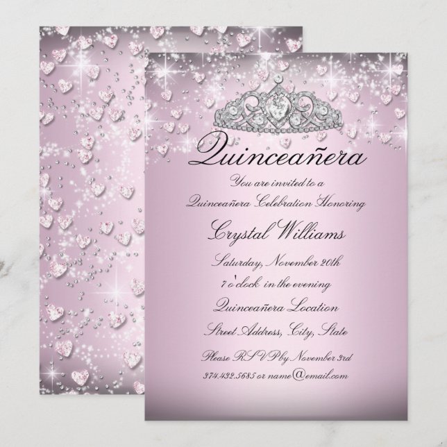 Invitación Quinceanera invita a la parrilla rosa Tiara y los  (Anverso / Reverso)