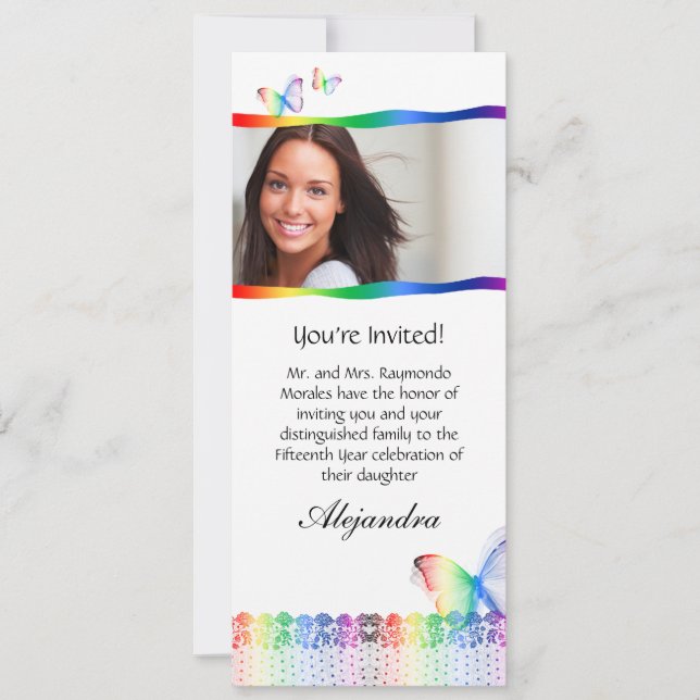 Invitación Quinceañera invita al arco iris de mariposa (Anverso)