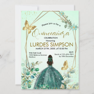 Invitación Quinceañera invitation Butterfly Green & Gold