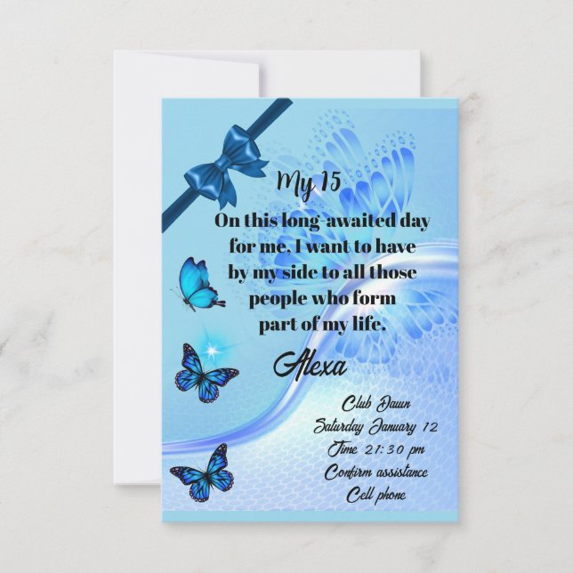 Invitación Quinceanera invitation digital butterfly blue (Anverso)