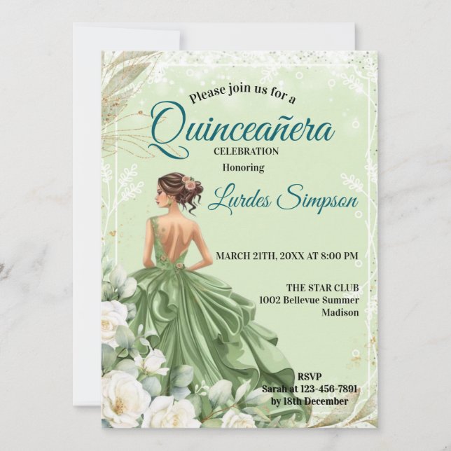 Invitación  Quinceañera invitation Elegant Green (Anverso)