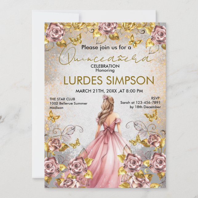 Invitación  Quinceañera invitation Floral Gold (Anverso)