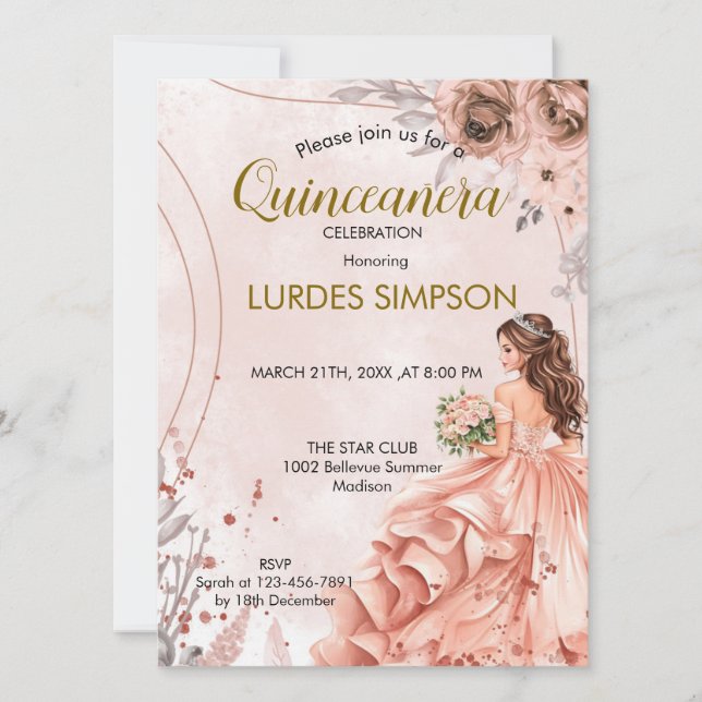 Invitación  Quinceañera invitation Floral Rose (Anverso)