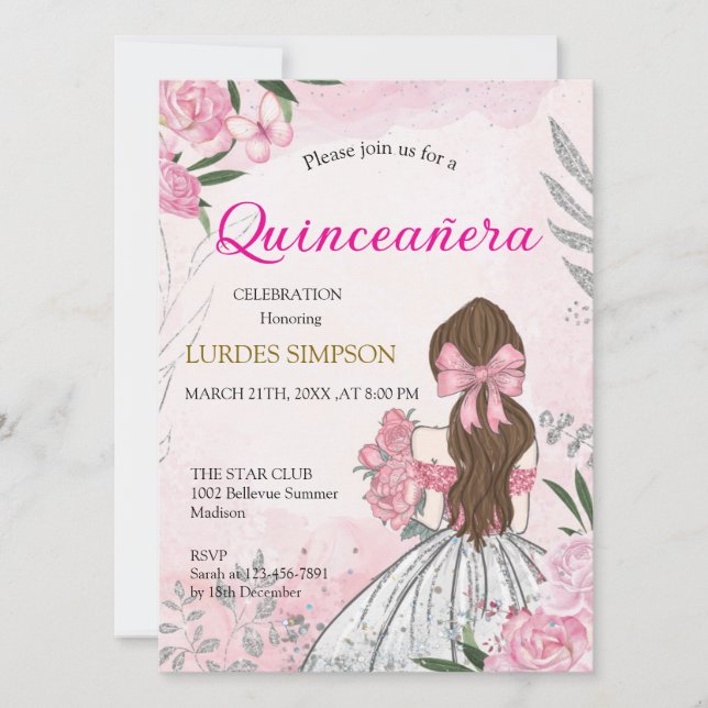 Invitación  Quinceañera invitation Pink  (Anverso)