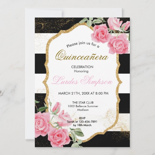Invitación  Quinceañera invitation Stripe Floral (Anverso)