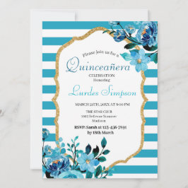 Invitación  Quinceañera invitation Stripe Floral Blue