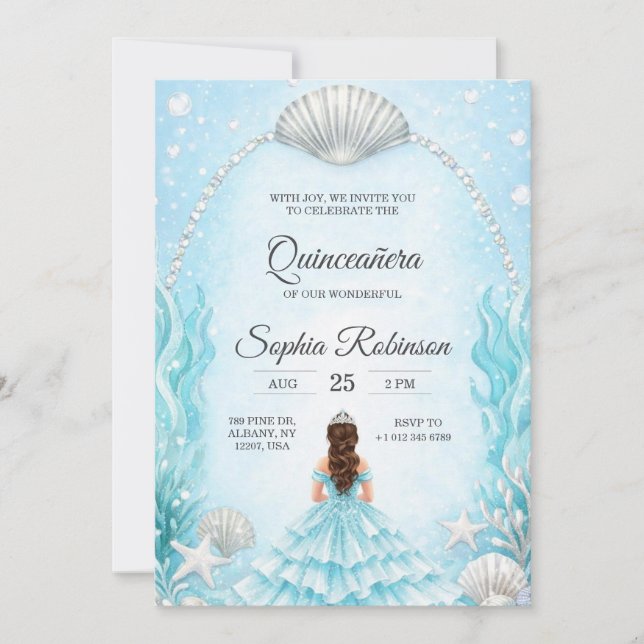 Invitación Quinceanera Invitation with an ocean theme  (Anverso)
