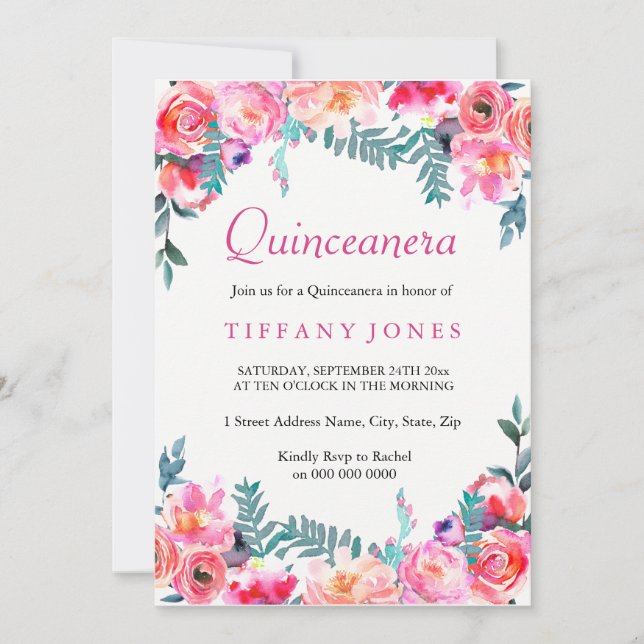 Invitación Quinceanera Invite a la acuarela floral rosa tropi (Anverso)