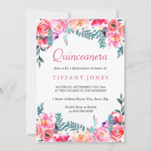 Invitación Quinceanera Invite a la acuarela floral rosa tropi