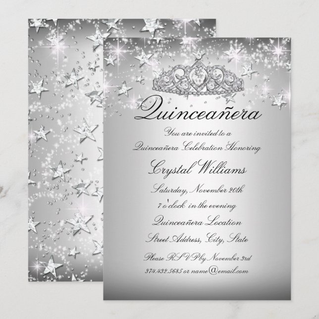 Invitación Quinceanera Invite a la estrella de tiara (Anverso / Reverso)