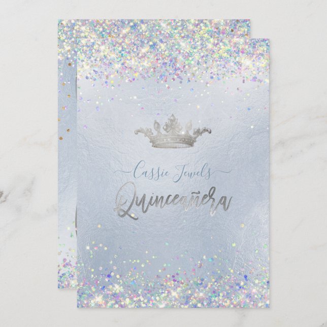 Invitación Quinceanera Iridescent Confetti+Princess Crown (Anverso / Reverso)
