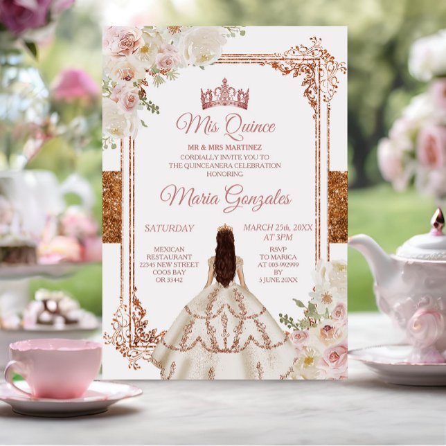 Invitación Quinceanera Ivory Cooper Corona de cumpleaños flor (Subido por el creador)