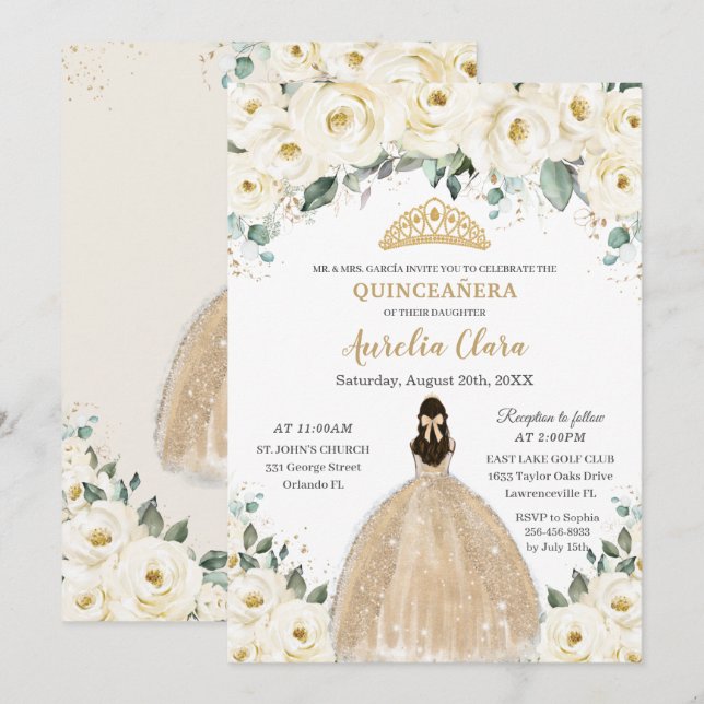 Invitación Quinceañera Ivory Floral Vestido de champán Prince (Anverso / Reverso)