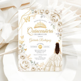 Invitación Quinceanera Ivory Gold Cream Dorado Vestido Floral