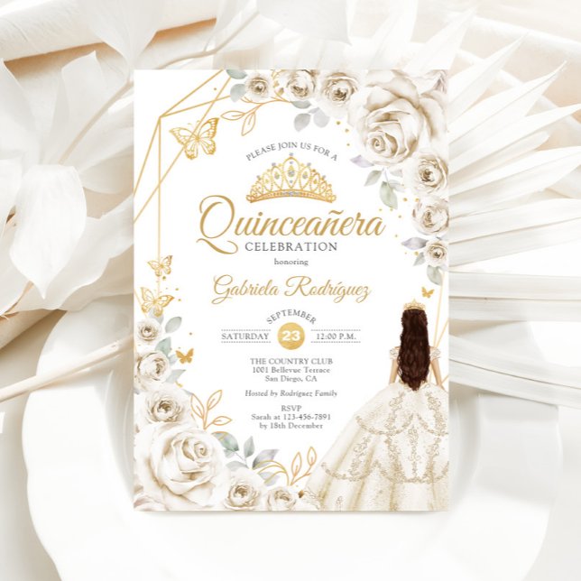 Invitación Quinceanera Ivory Gold Cream Dorado Vestido Floral (Subido por el creador)