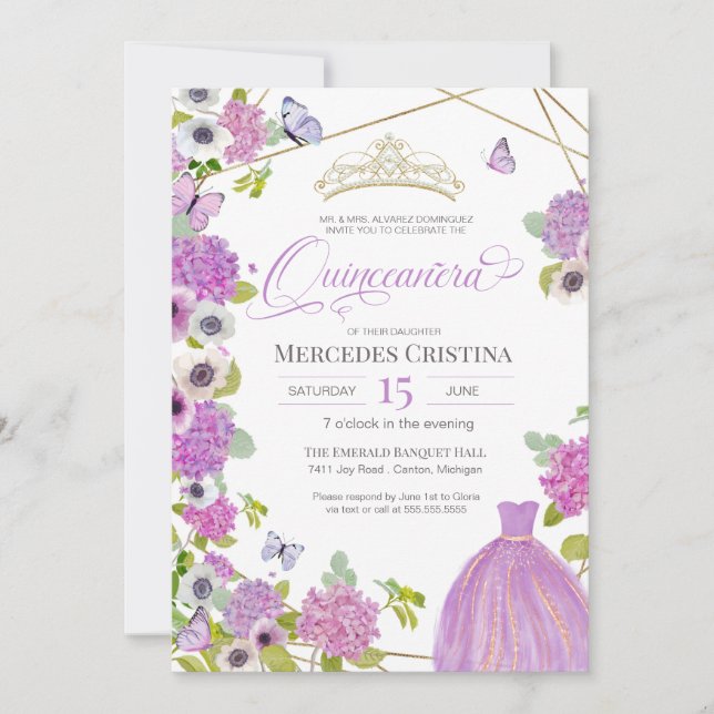 Invitación Quinceañera jardín florido mariposa Tiara (Anverso)