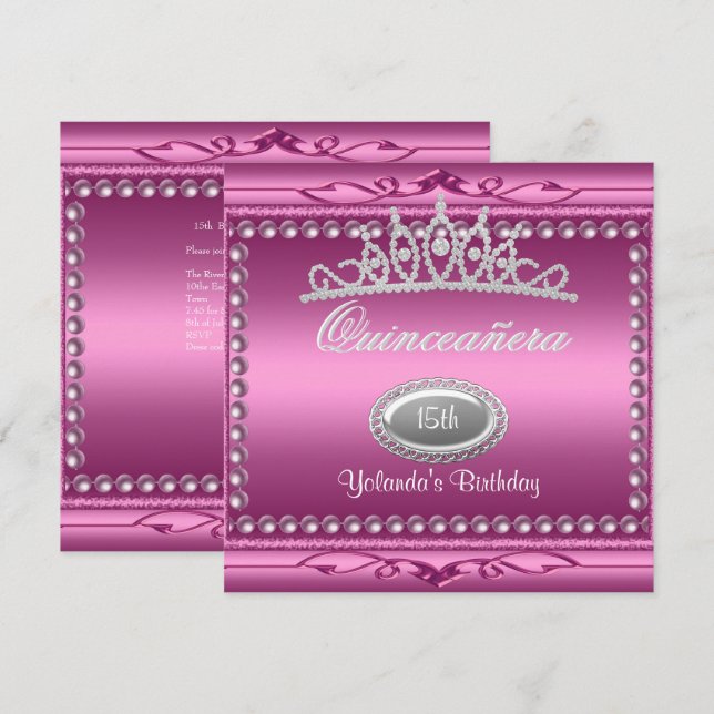 Invitación Quinceanera Jewel Rosa Tiara Pearl 15 cumpleaños (Anverso / Reverso)