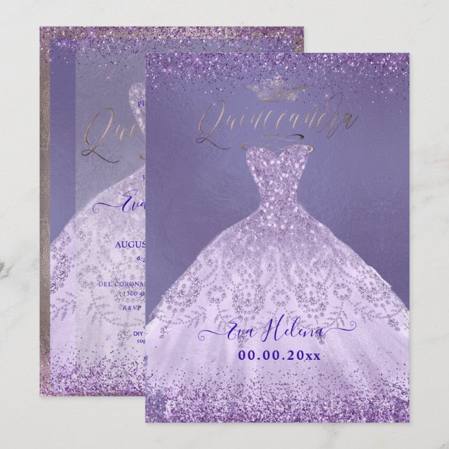 Invitación Quinceañera, la princesa Dusty Purple Purpurina Go (Anverso / Reverso)