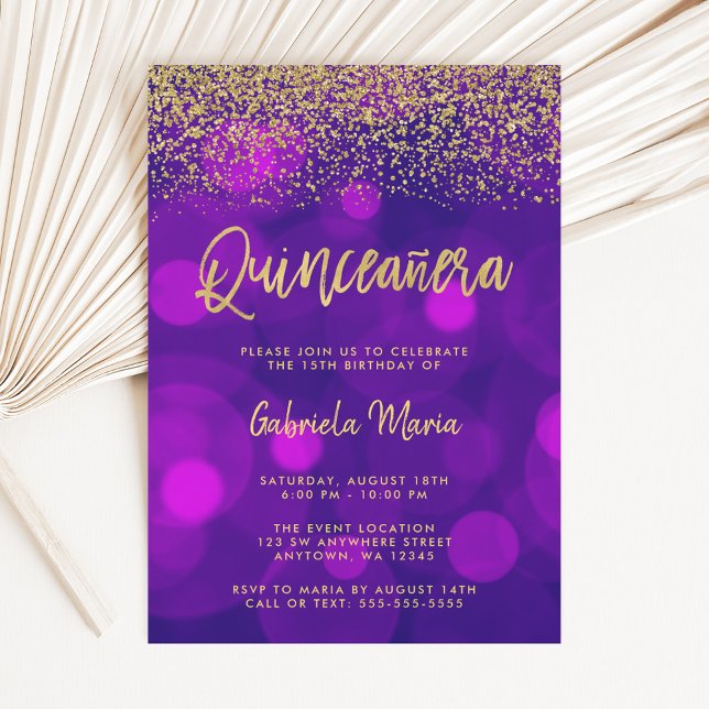 Invitación Quinceanera, la Purpurina de oro de Bokeh Morado M (Subido por el creador)