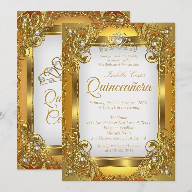 Invitación Quinceanera Lace de Perla Blanca Dorada Fiesta Tia (Anverso / Reverso)