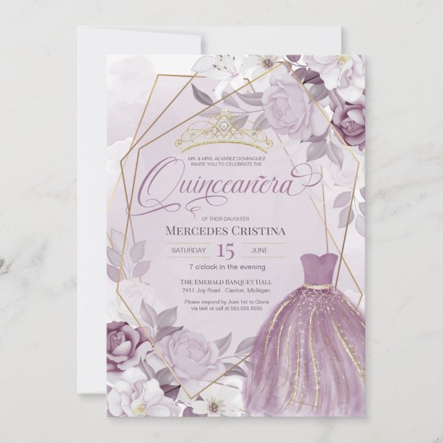 Invitación Quinceañera lavender elegante y púrpura Tiara (Anverso)