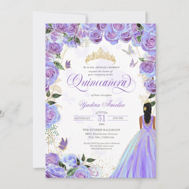 Invitación Quinceanera Lavender Mariposa Purple Elegante  (Anverso)