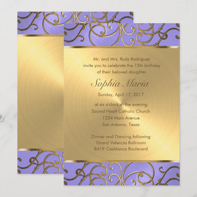 Invitación Quinceanera Lavender morado y filigrí dorado (Anverso / Reverso)