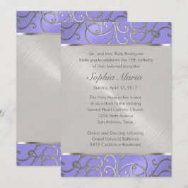 Invitación Quinceanera Lavender Plata Púrpura Piscina Filigrí