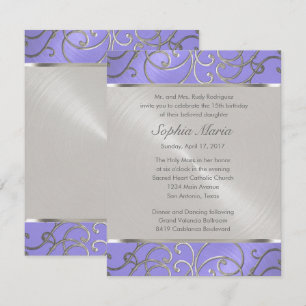 Invitación Quinceanera Lavender Plata Púrpura Piscina Filigrí