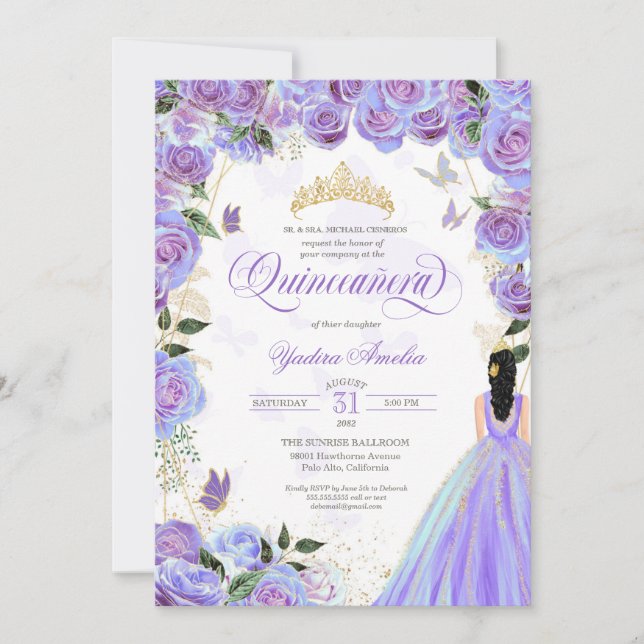 Invitación Quinceanera Lavender Purple Elegant Mariposa Inv (Anverso)
