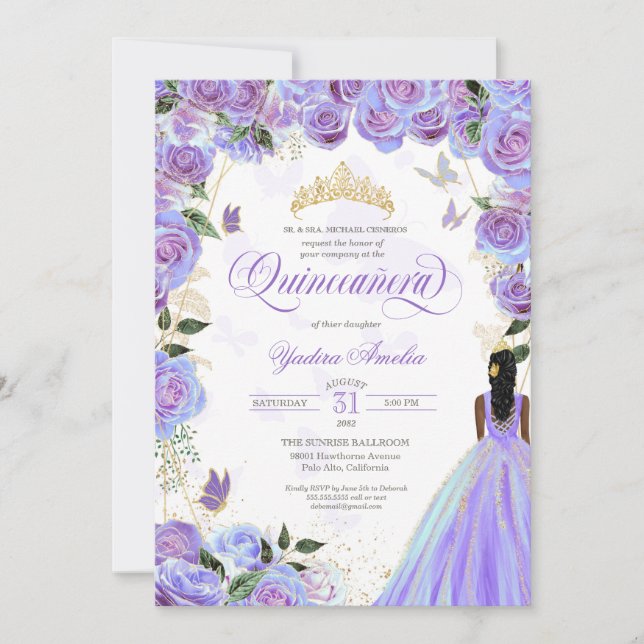 Invitación Quinceanera Lavender Purple Elegant Mariposa Inv (Anverso)