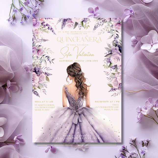 Invitación Quinceañera Lavender Purple Lilac Floral Gown Gold (Quinceañera Lavender Purple Lilac Floral Gown Gold Invitation)