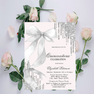 Invitación Quinceañera Lazo Blanco con Brillo de Plata