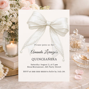 Invitación Quinceañera lazo marfil crema perlas elegante