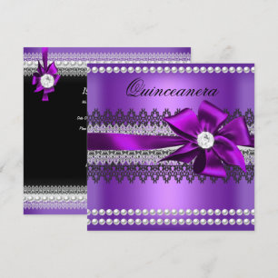 Invitación Quinceañera Lazo Morado Perla Negra Encaje Diamant