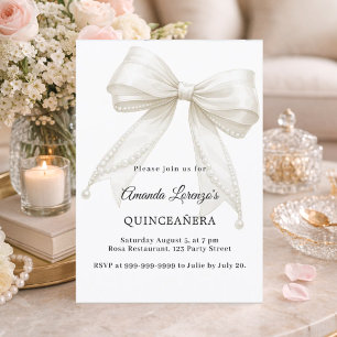 Invitación Quinceañera lazo perlas blancas marfil elegante