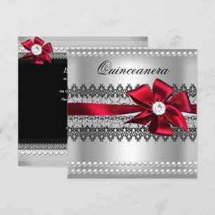 Invitación Quinceañera Lazo Rojo Perla Negra Encaje Diamante