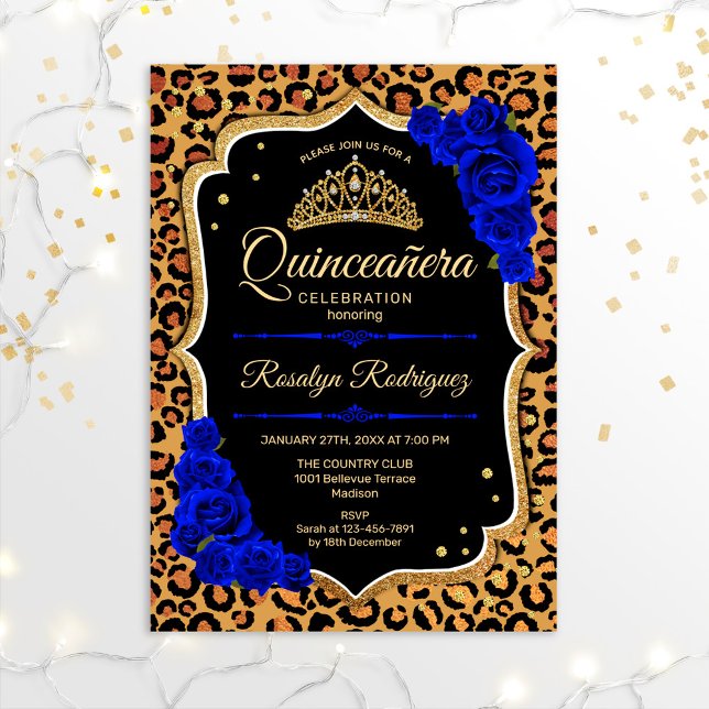 Invitación Quinceanera - Leopard Print Gold Royal Blue (Subido por el creador)