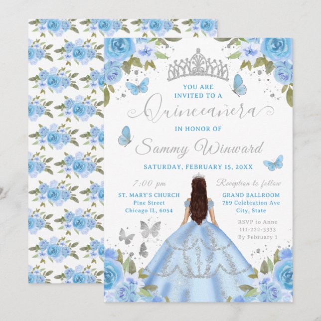 Invitación Quinceañera Light Blue Princess Brunette Girl (Anverso / Reverso)