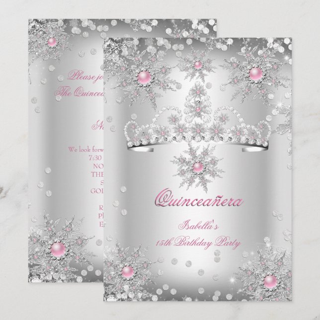 Invitación Quinceanera Light Pink Silver Winter Wonderland (Anverso / Reverso)
