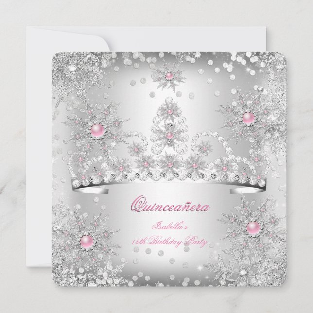 Invitación Quinceanera Light Pink Silver Winter Wonderland (Anverso)