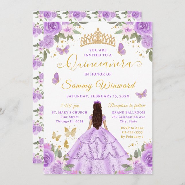 Invitación Quinceañera Light Purple Princess Brunette Girl (Anverso / Reverso)