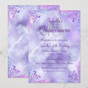 Invitación Quinceañera Lila Púrpura 15 Perla Plateada Damasco
