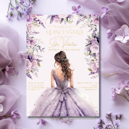 Invitación Quinceañera Lila Púrpura Lila Floral Vestido Dorad