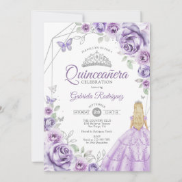 Invitación Quinceañera Lila Púrpura Plateado Rubio Niña Flora