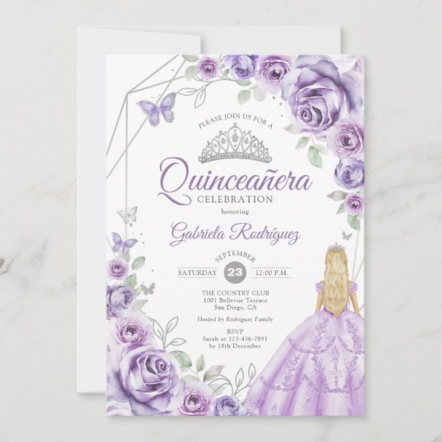Invitación Quinceañera Lila Púrpura Plateado Rubio Niña Flora (Anverso)