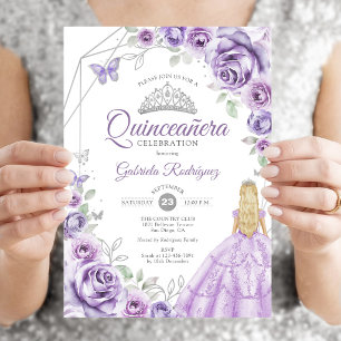 Invitación Quinceañera Lila Púrpura Rubia Floral