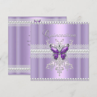 Invitación Quinceañera Lila Rosa Perla Encaje Mariposa
