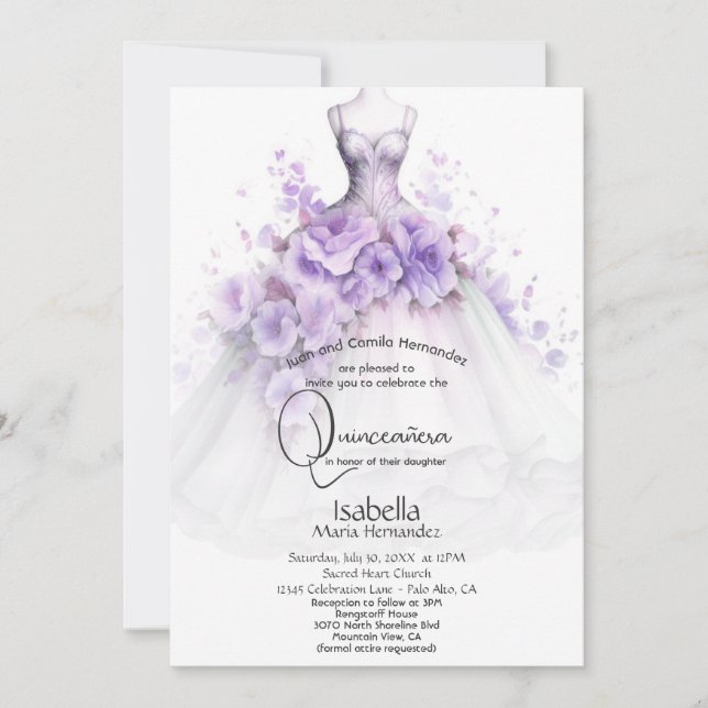 Invitación Quinceañera | Lilac Floral Gown (Anverso)