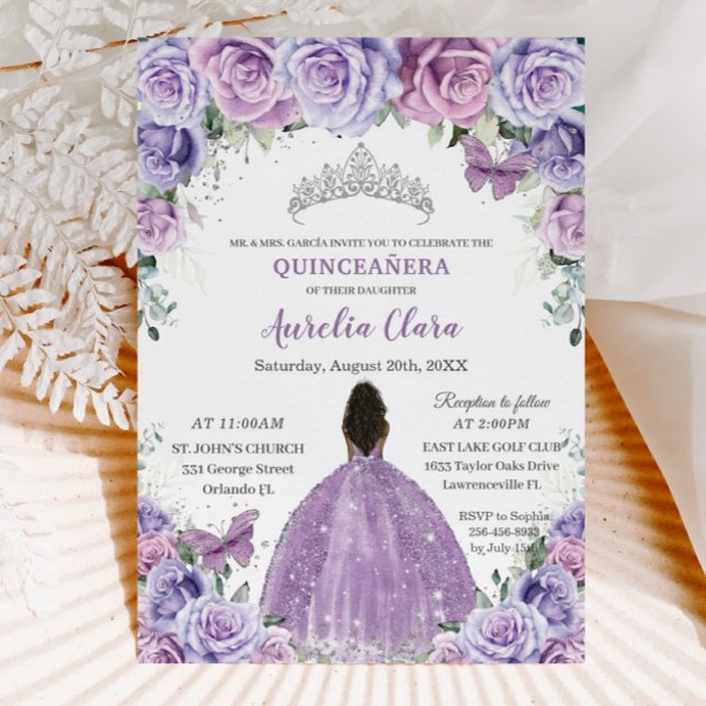 Invitación Quinceañera Lilac Flores púrpuras princesa marrón (Subido por el creador)